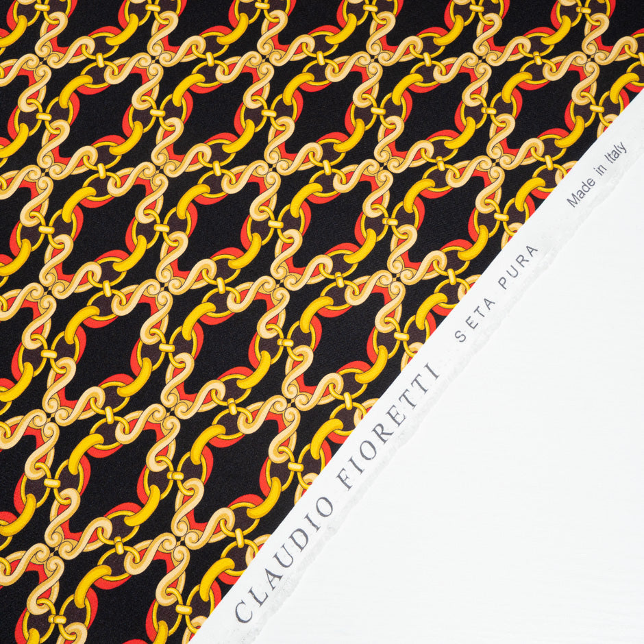 Yellow & Red Geo Link Printed Black Silk Twill (A 1.70m Piece)