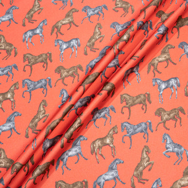 Horse Printed Soft Red Pure Silk Twill