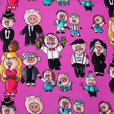 Cartoon Piggy Printed Pink Pure Silk Twill