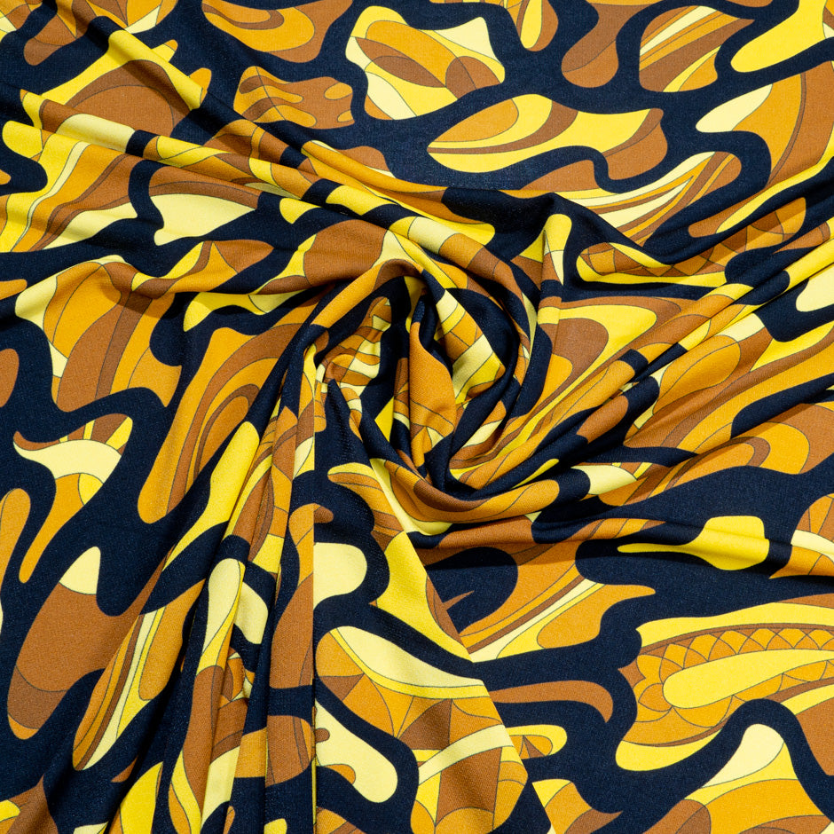 Mustard Yellow & Black Abstract Printed Silk Blend Jersey