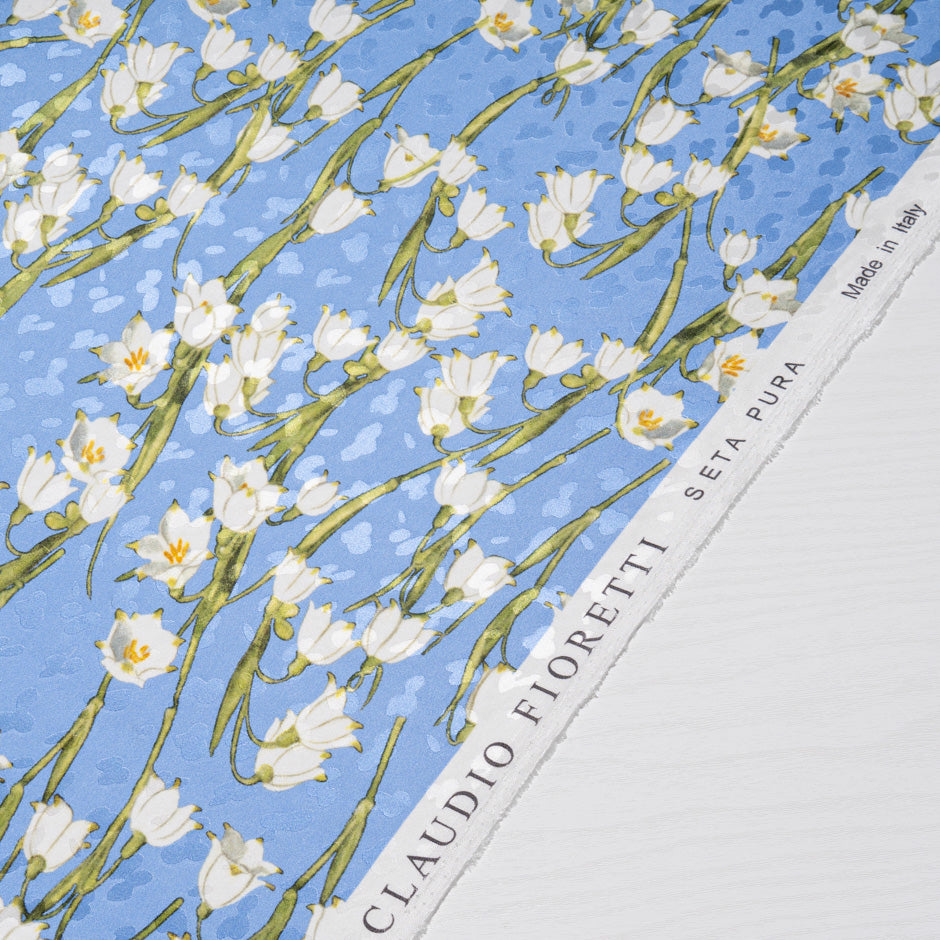 White Snow Drop Sky Blue Silk Jacquard