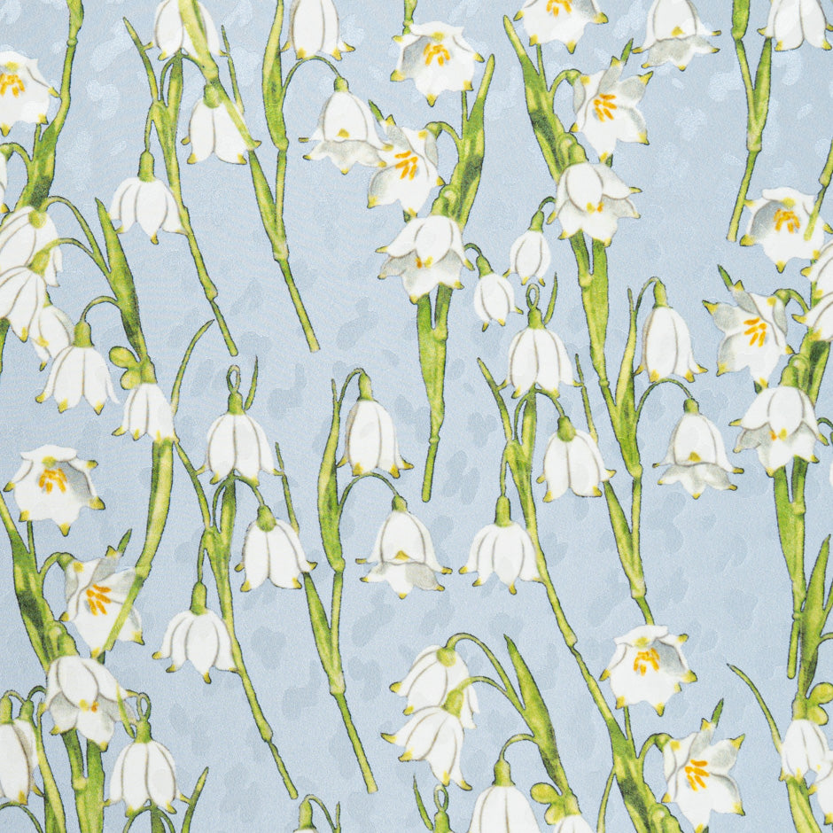 White Lily of the Valley Printed Baby Blue Silk Jacquard