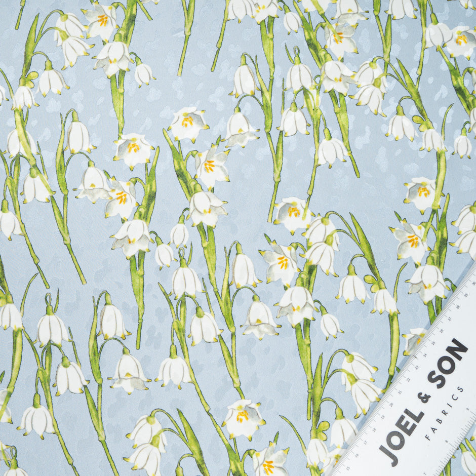 White Lily of the Valley Printed Baby Blue Silk Jacquard