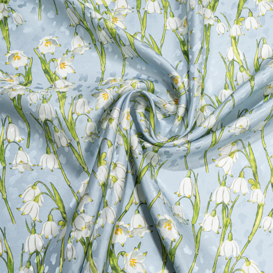 White Lily of the Valley Printed Baby Blue Silk Jacquard