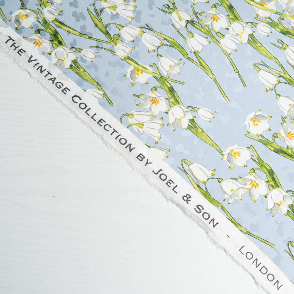 White Lily of the Valley Printed Baby Blue Silk Jacquard