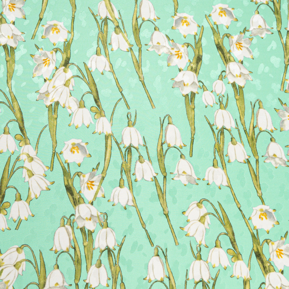 White Lily of the Valley Printed Mint Green Silk Jacquard