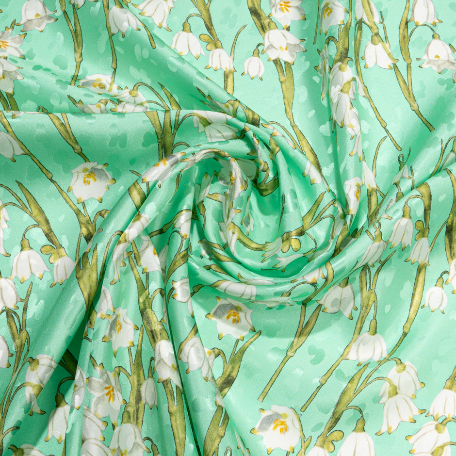 White Lily of the Valley Printed Mint Green Silk Jacquard