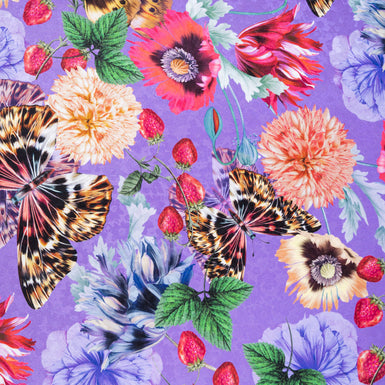 Floral Fruit & Butterfly Printed Purple Pure Silk Jacquard