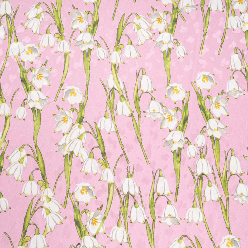 White Lily of the Valley Printed Candy Pink Silk Jacquard