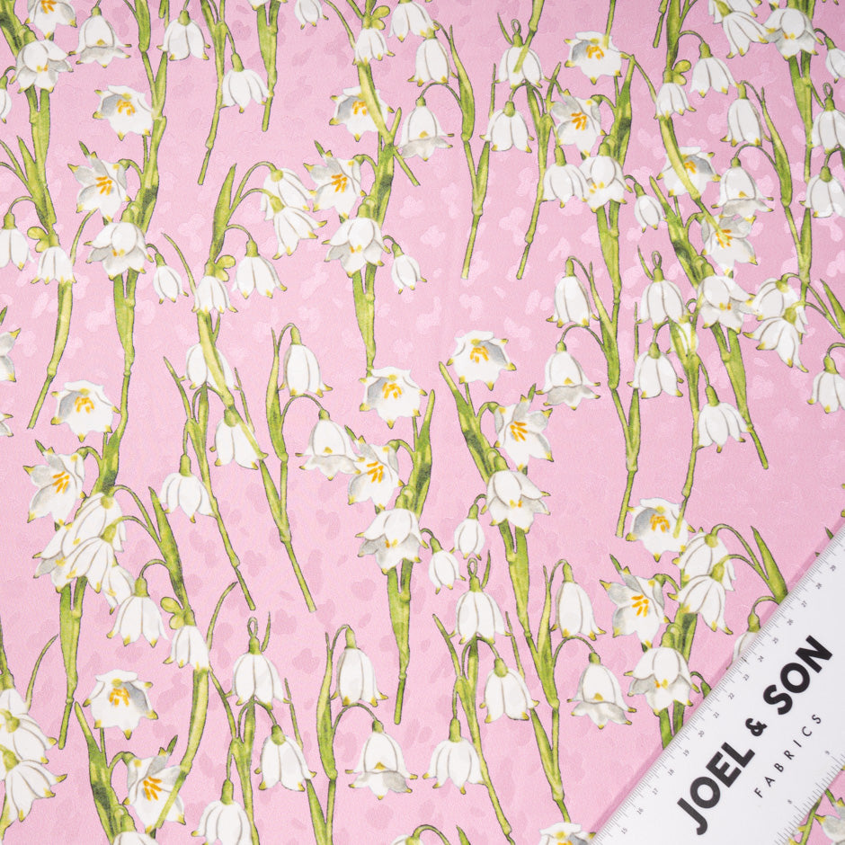 White Lily of the Valley Printed Candy Pink Silk Jacquard
