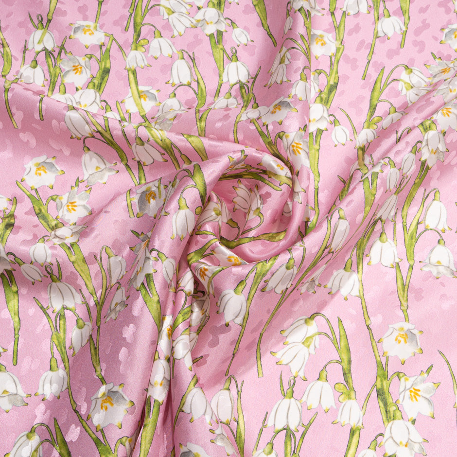 White Lily of the Valley Printed Candy Pink Silk Jacquard