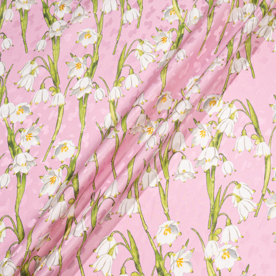 White Lily of the Valley Printed Candy Pink Silk Jacquard