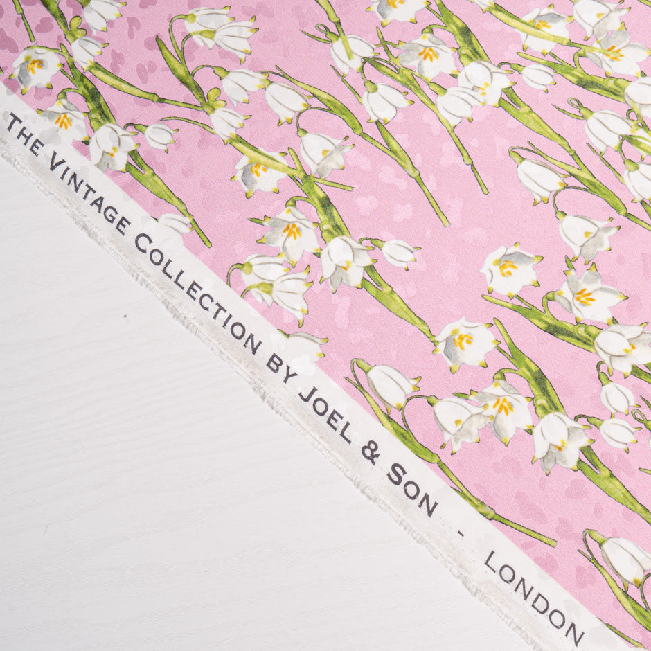 White Lily of the Valley Printed Candy Pink Silk Jacquard