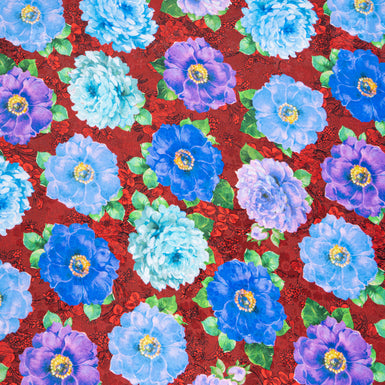 Bold Blue & Purple Floral Printed Deep Red Silk Jacquard