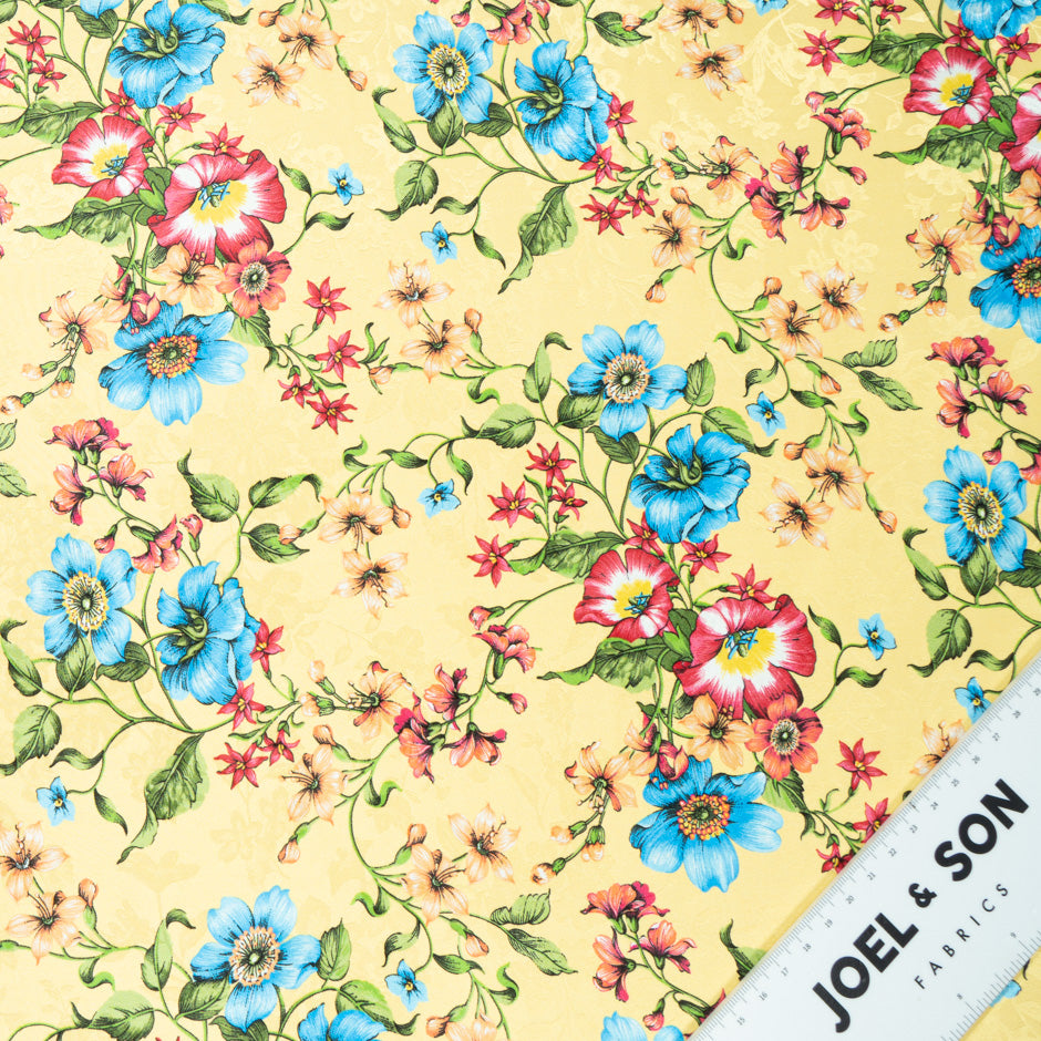 Bright Blue & Pink Floral Printed Yellow Silk Jacquard