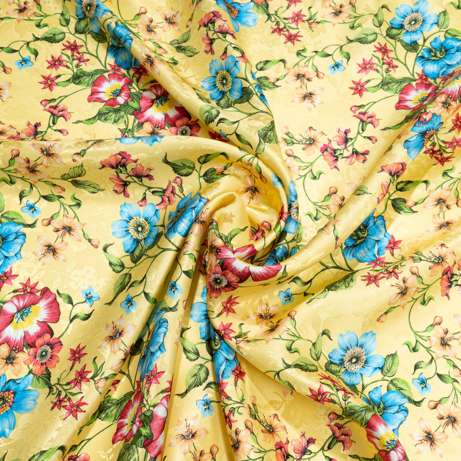 Bright Blue & Pink Floral Printed Yellow Silk Jacquard