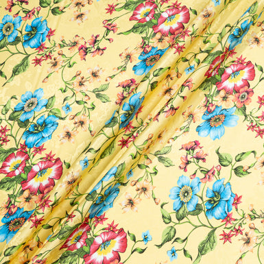 Bright Blue & Pink Floral Printed Yellow Silk Jacquard