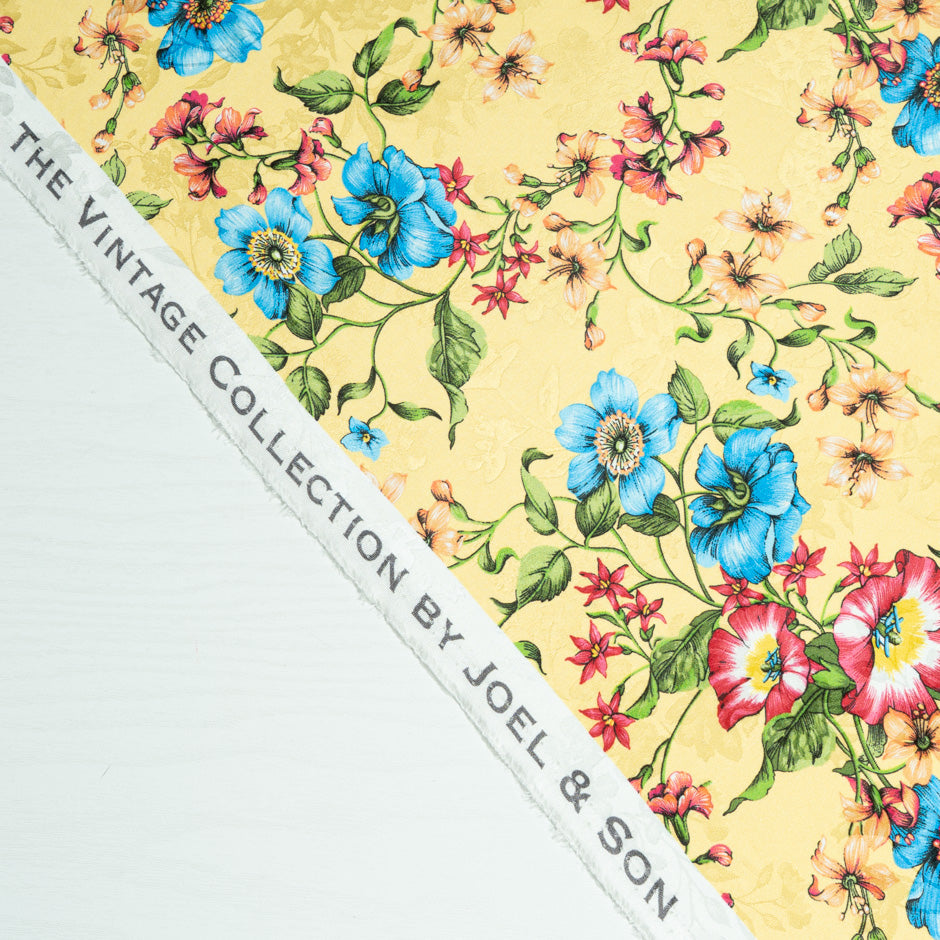 Bright Blue & Pink Floral Printed Yellow Silk Jacquard