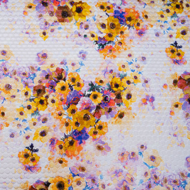 Saffron Yellow & Deep Purple Floral Printed Cotton & Silk Blend Cloqué