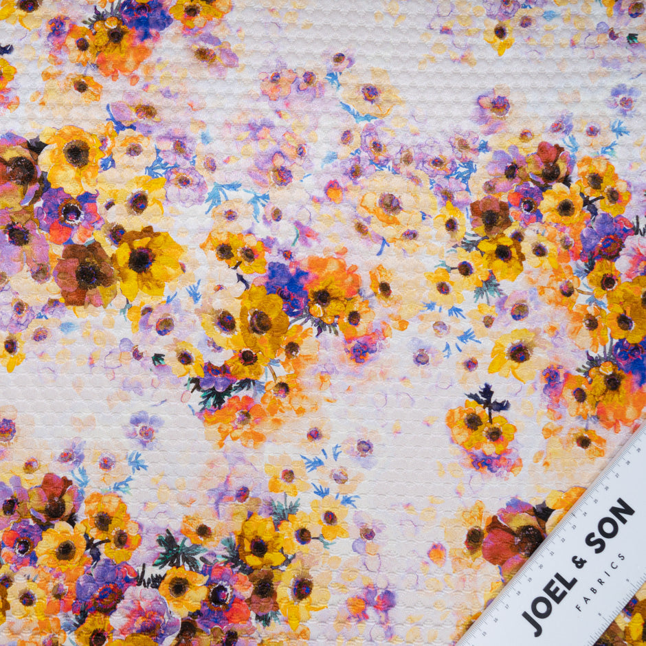Saffron Yellow & Deep Purple Floral Printed Cotton & Silk Blend Cloqué