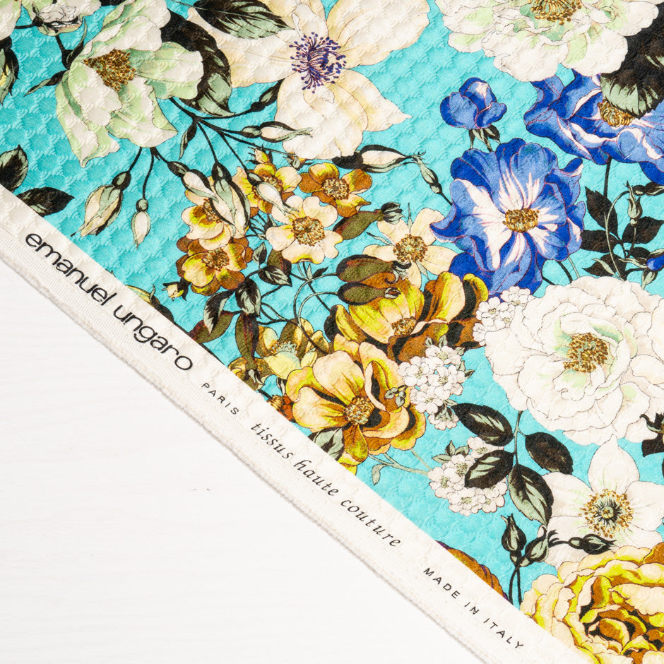Ivory & Yellow Floral Printed Blue Cotton Blend Cloqué