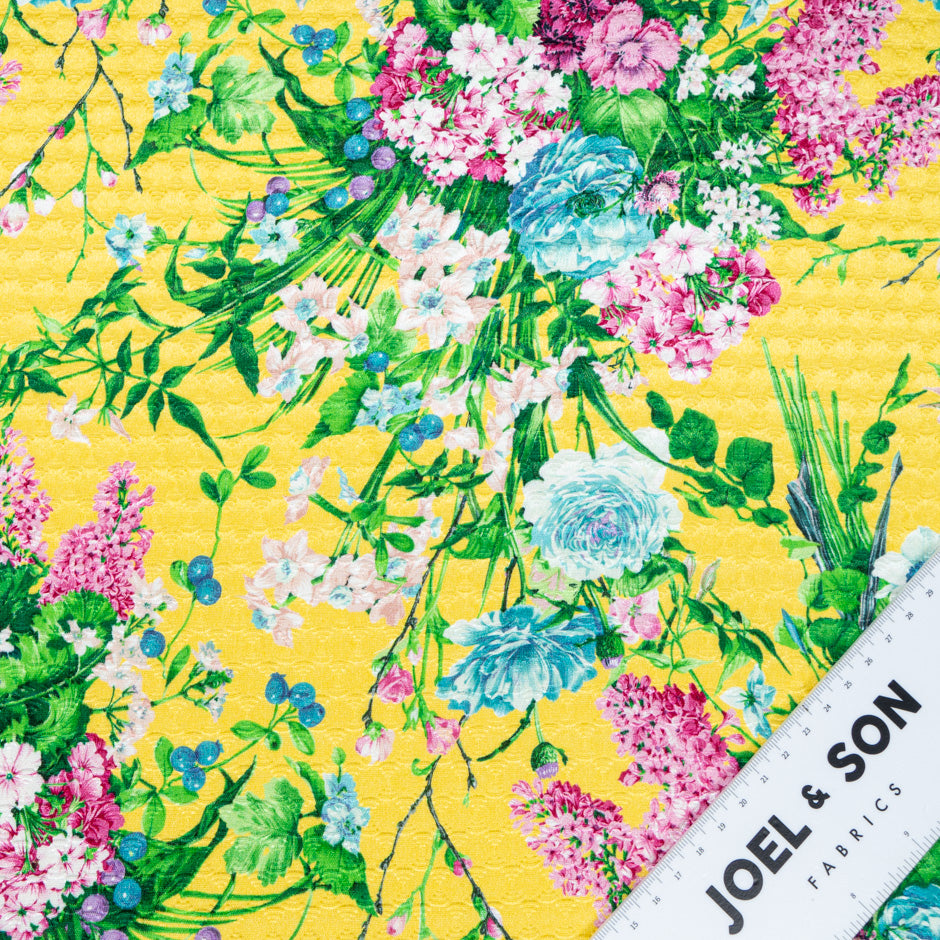 Multi Floral Printed Bright Yellow Cotton Blend Cloqué