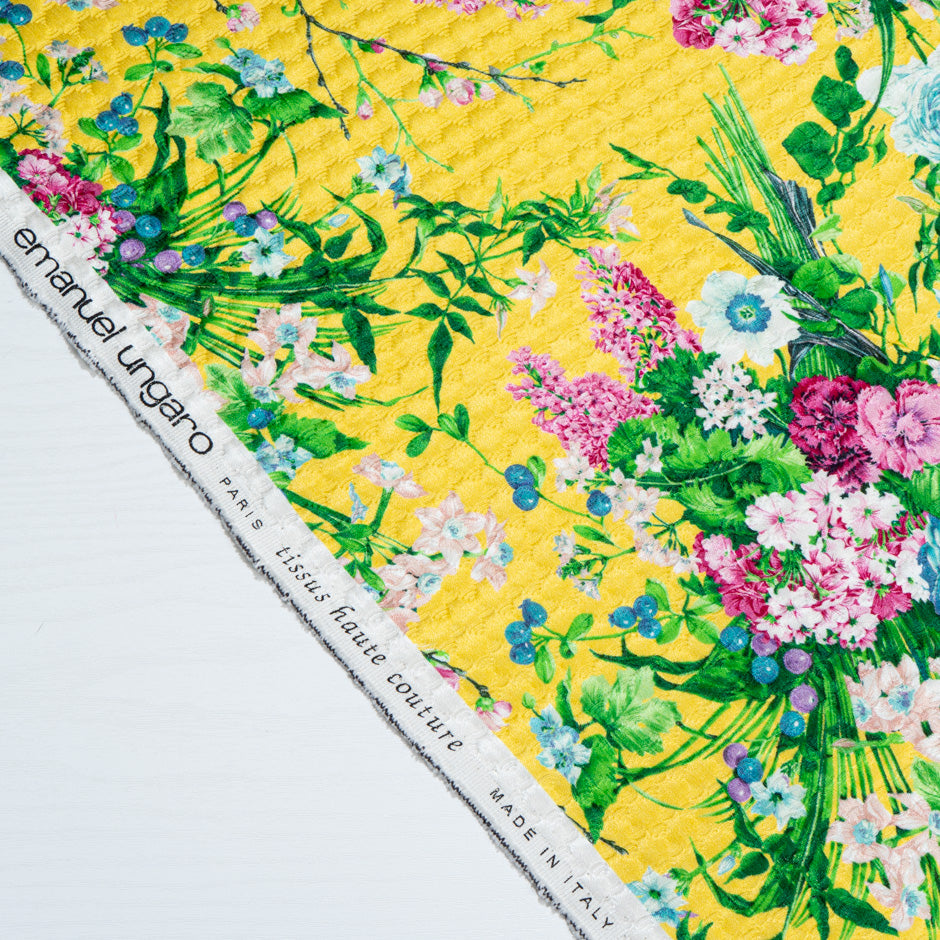 Multi Floral Printed Bright Yellow Cotton Blend Cloqué