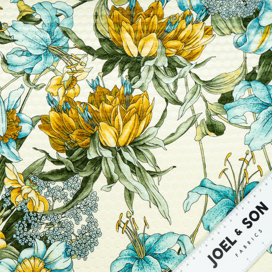 Blue & Mustard Yellow Floral Printed Ivory Cloqué