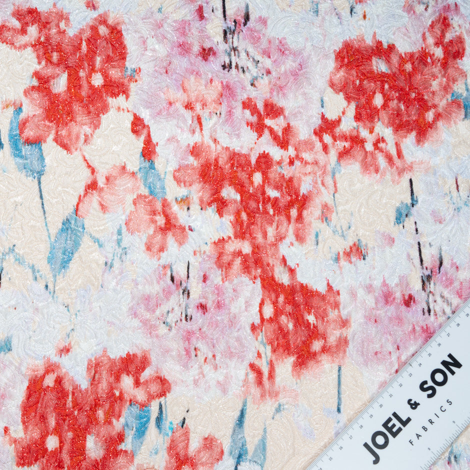 Red & Pink Floral Printed Ivory Silk Blend Cloqué