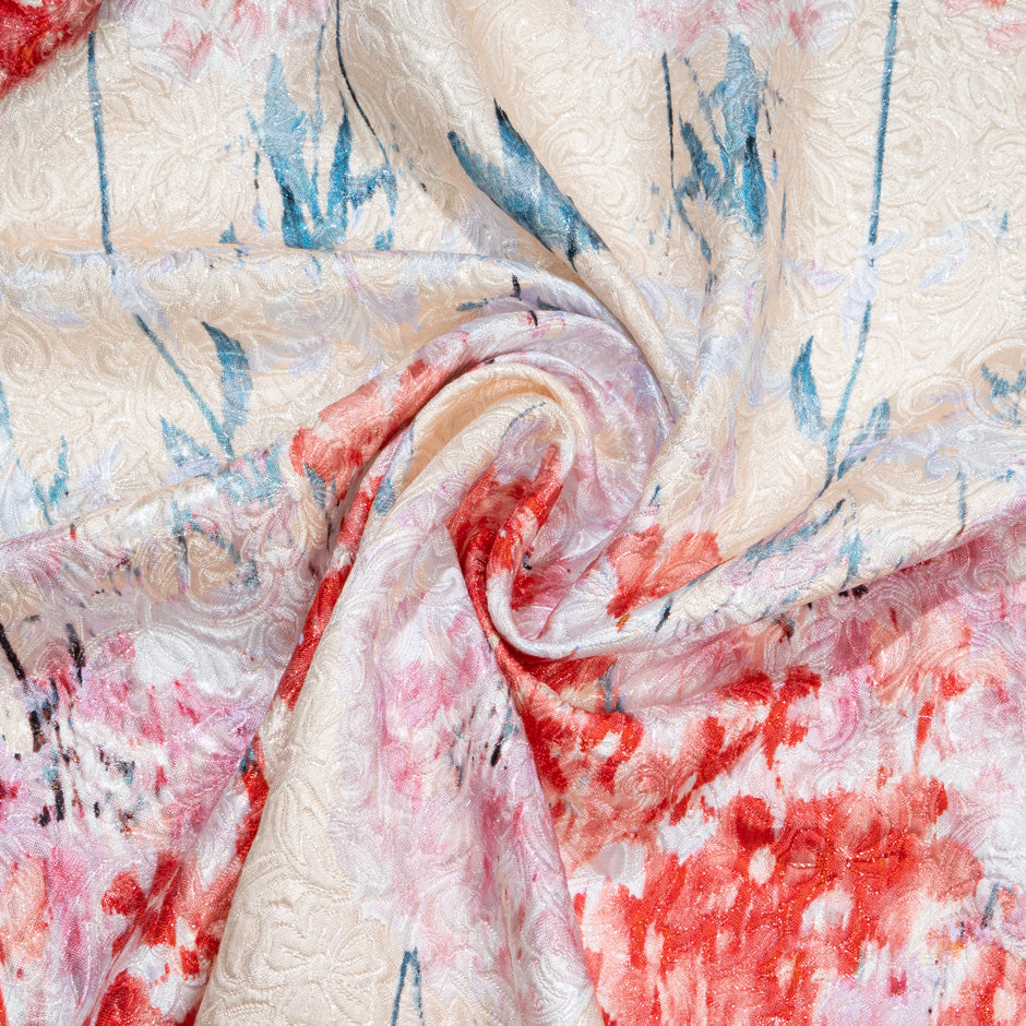 Red & Pink Floral Printed Ivory Silk Blend Cloqué