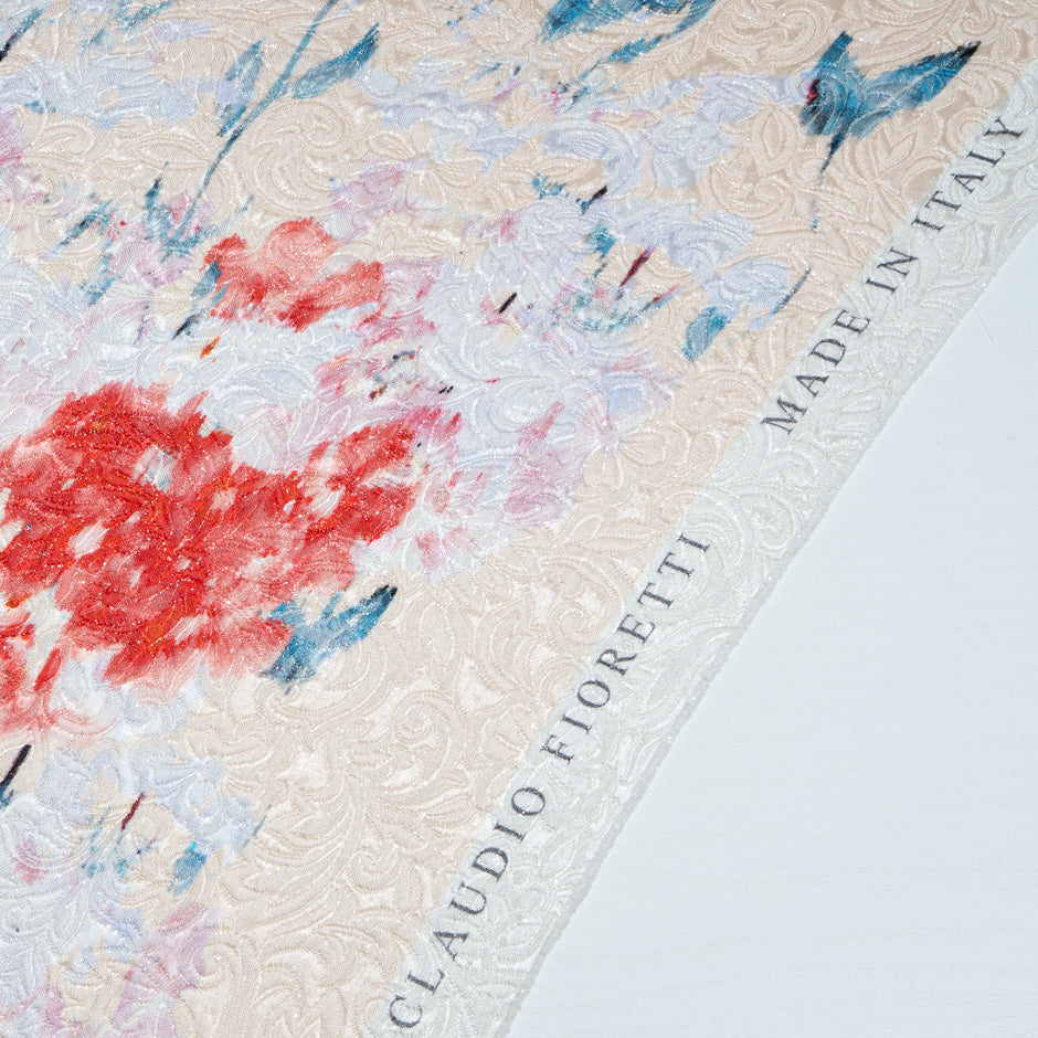 Red & Pink Floral Printed Ivory Silk Blend Cloqué