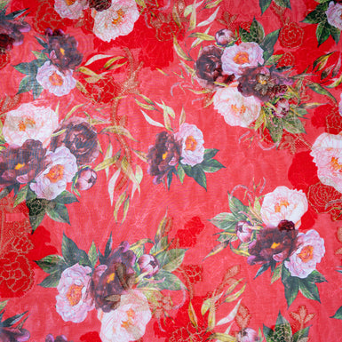 Floral Printed Rich Red Metallic Silk Chiffon Jacquard