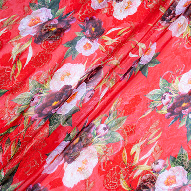 Floral Printed Rich Red Metallic Silk Chiffon Jacquard