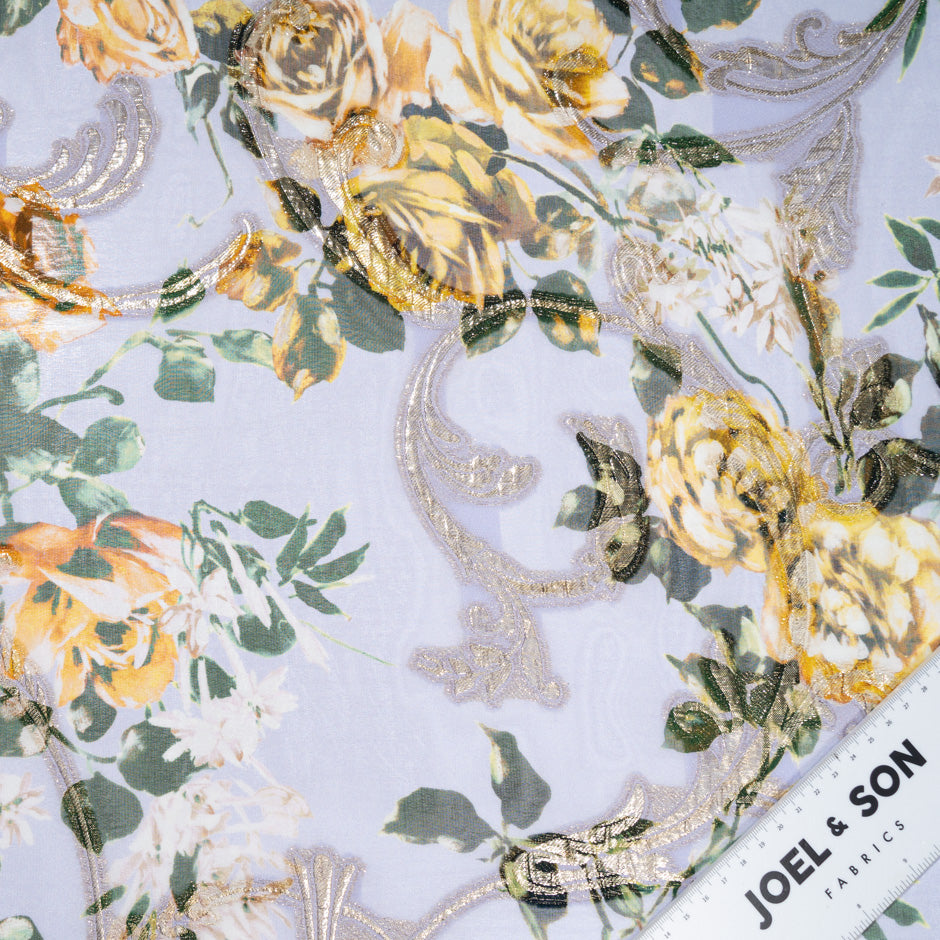 Yellow Rose Printed Lilac & Gold Metallic Silk Georgette