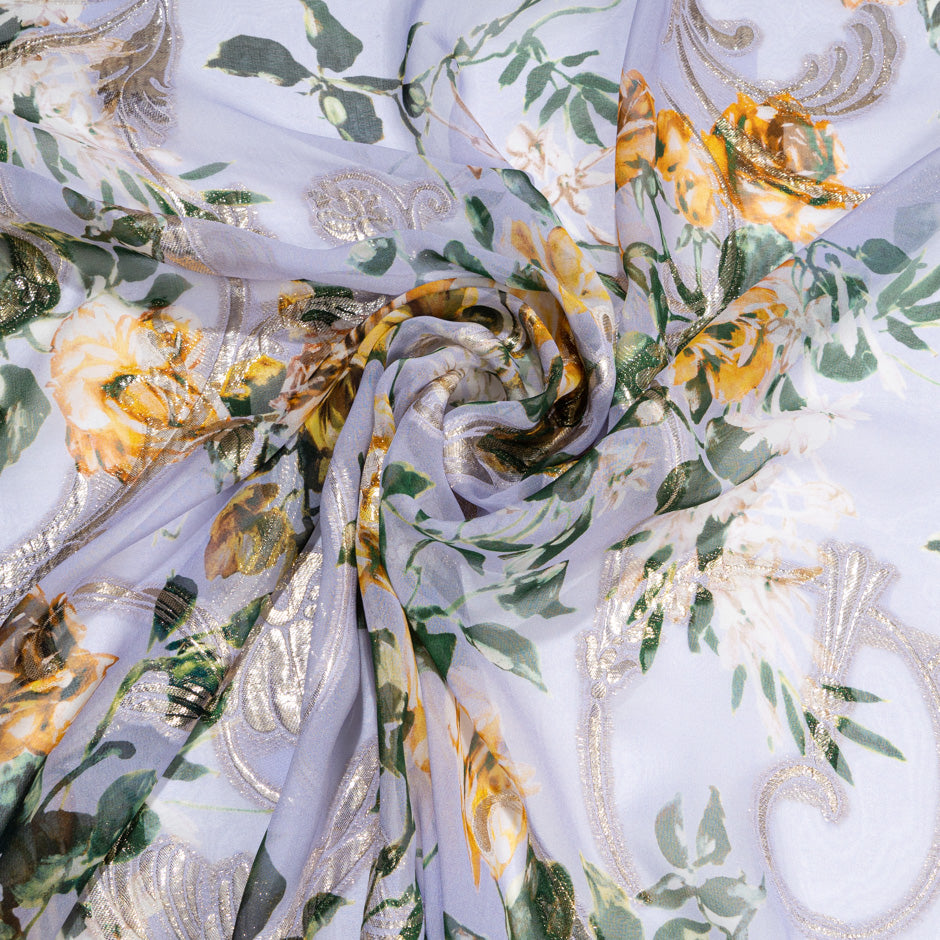 Yellow Rose Printed Lilac & Gold Metallic Silk Georgette