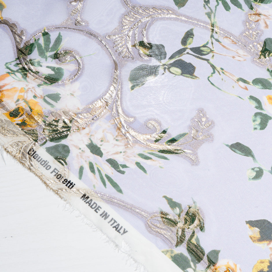 Yellow Rose Printed Lilac & Gold Metallic Silk Georgette