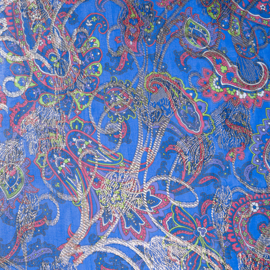 Paisley Printed Blue & Gold Metallic Silk Chiffon