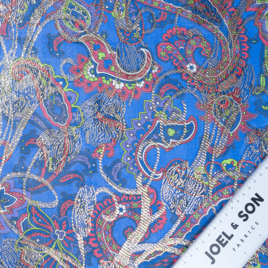 Paisley Printed Blue & Gold Metallic Silk Chiffon
