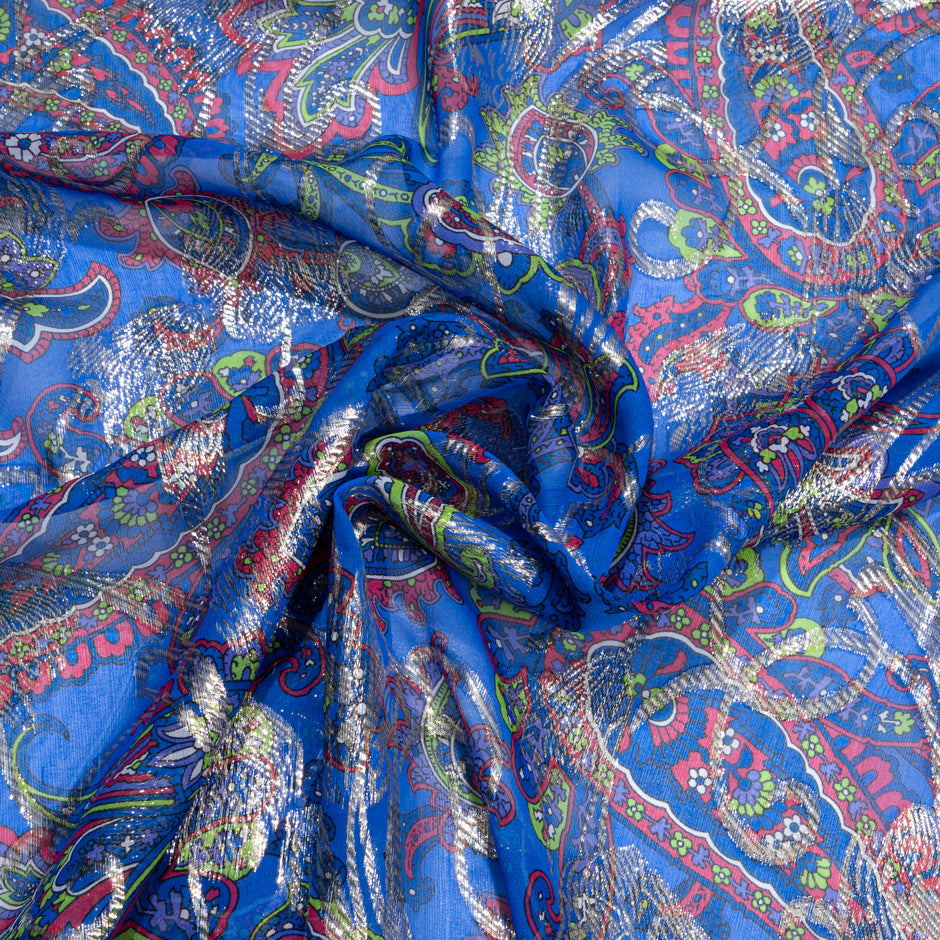 Paisley Printed Blue & Gold Metallic Silk Chiffon