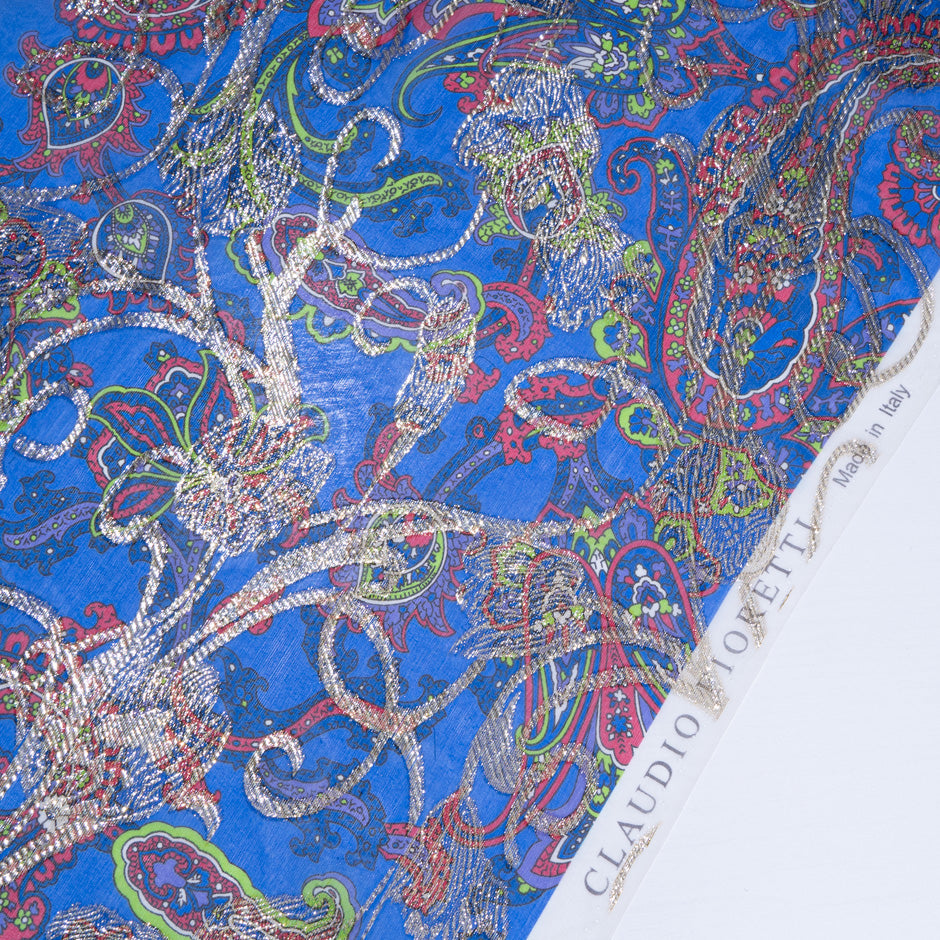 Paisley Printed Blue & Gold Metallic Silk Chiffon