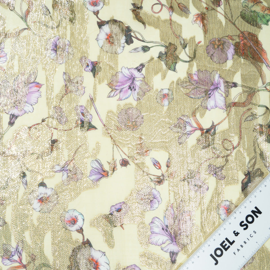 Floral Printed Pale Yellow Silk Georgette with Metallic