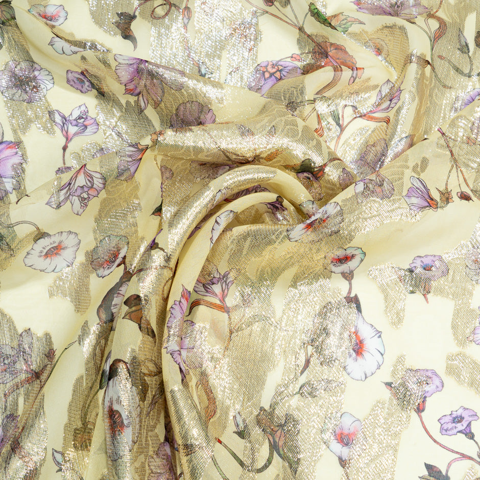 Floral Printed Pale Yellow Silk Georgette with Metallic