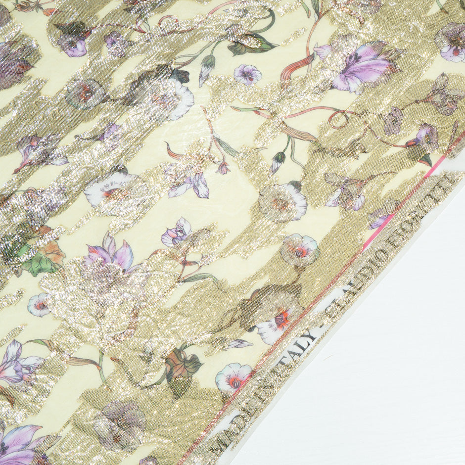 Floral Printed Pale Yellow Silk Georgette with Metallic