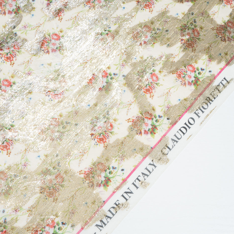 Dainty Floral Print & Gold Metallic Silk Georgette