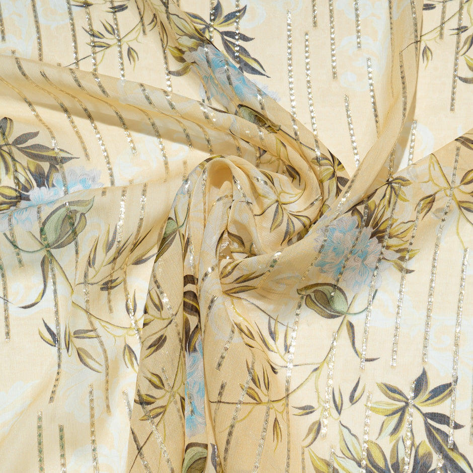 Blue Floral Printed Vanilla Yellow Silk Georgette