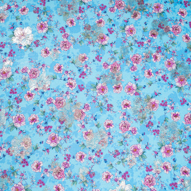 Pink Floral Printed Sky Blue Metallic Silk Georgette