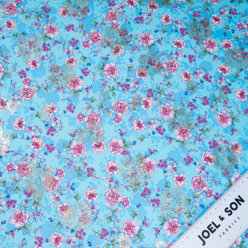 Pink Floral Printed Sky Blue Metallic Silk Georgette