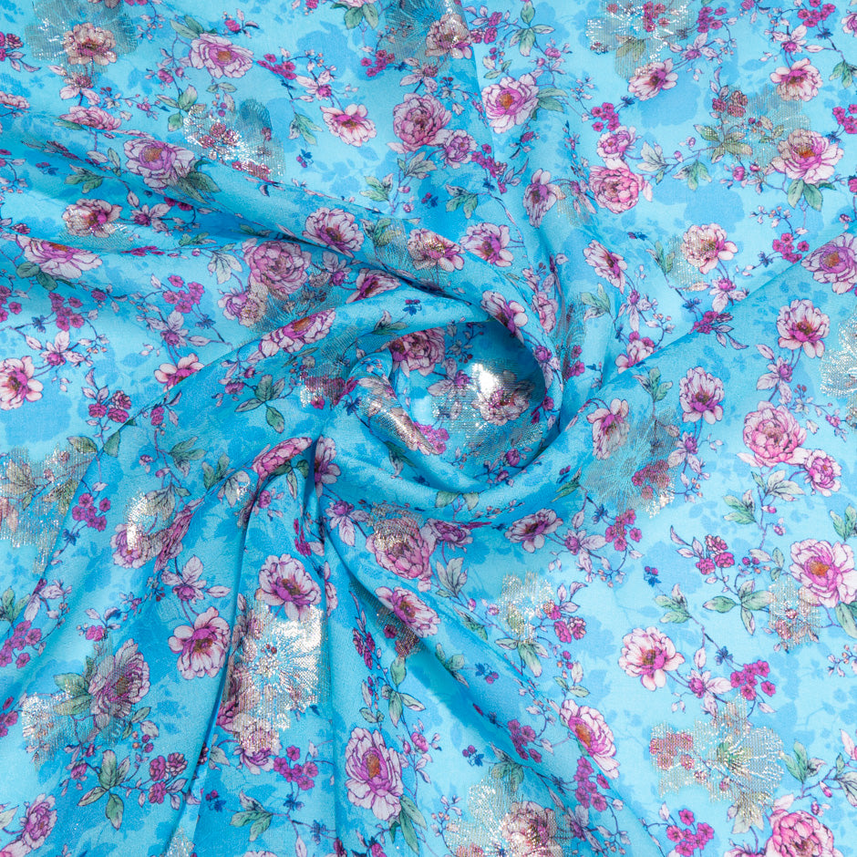 Pink Floral Printed Sky Blue Metallic Silk Georgette