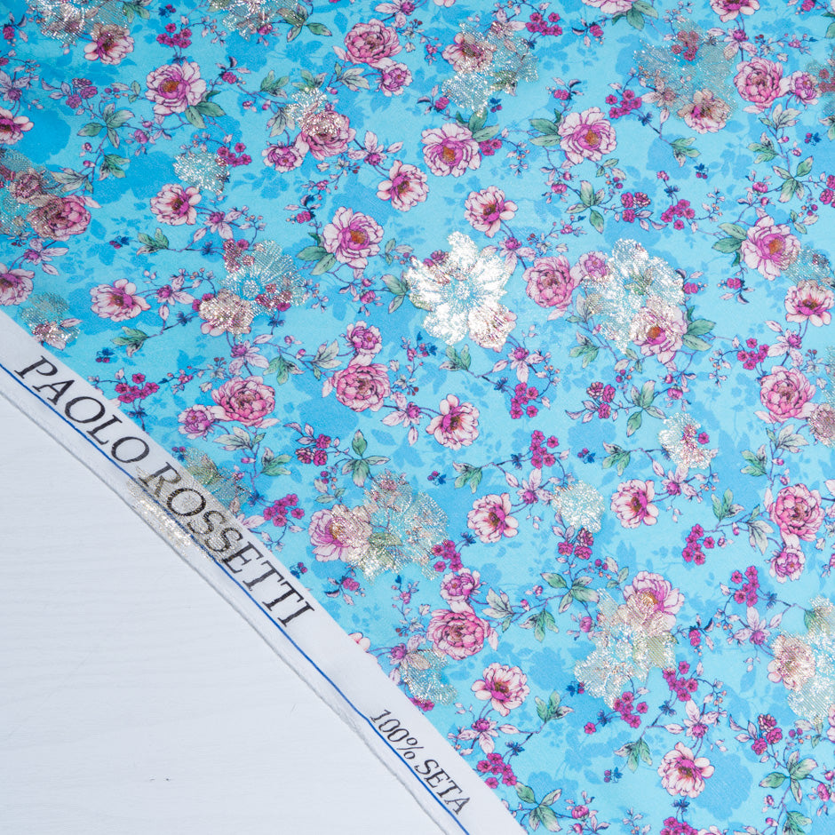 Pink Floral Printed Sky Blue Metallic Silk Georgette