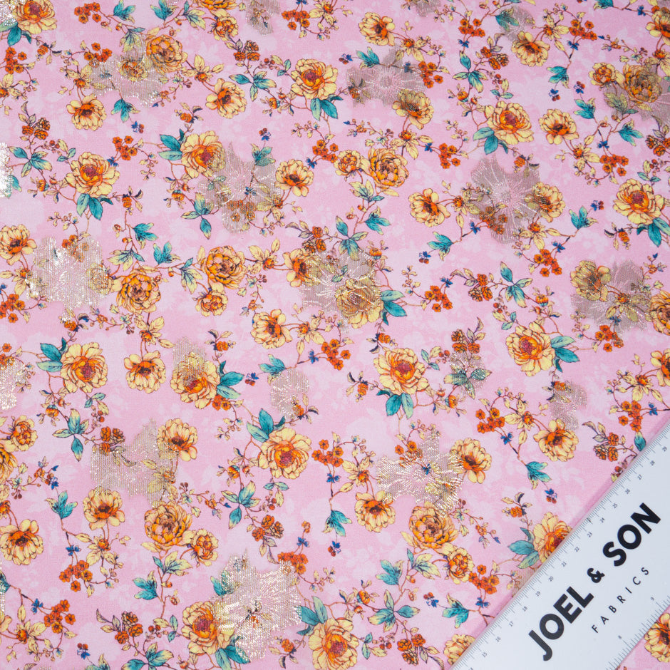 Orange & Yellow Floral Printed Pink Silk Georgette